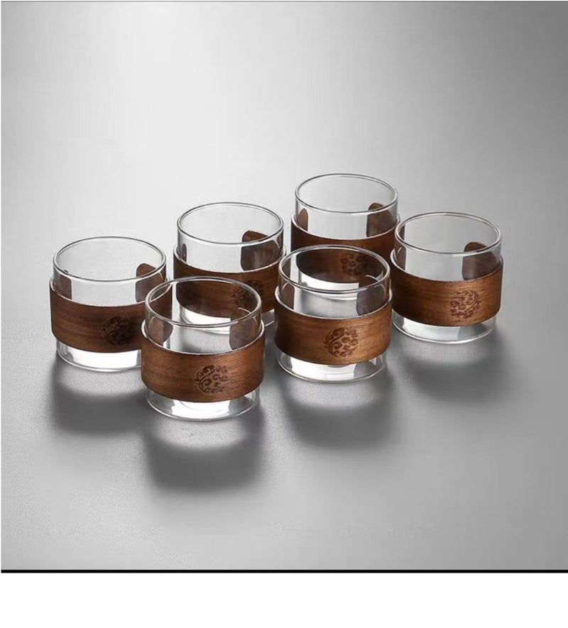 WAOKN 6-piece set: High borosilicate glass teacup with walnut wood insulation layer, 110ml coffee cup. - Image 1